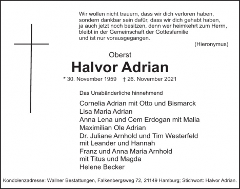 Traueranzeige von Halvor Adrian  von Hamburger Tageszeitungen und Anzeigenblättern der FUNKE Mediengruppe