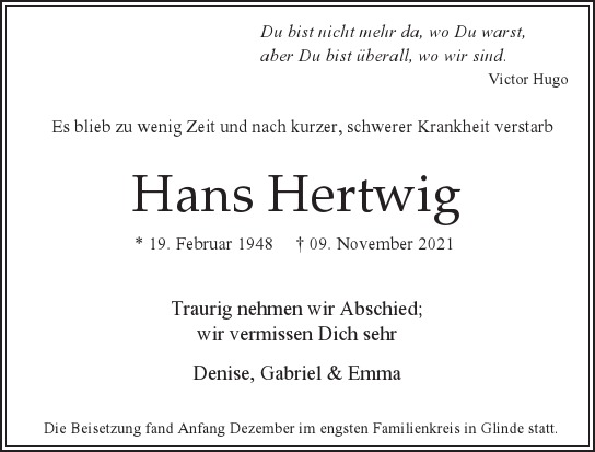 Traueranzeige von Hans  Hertwig  von Hamburger Tageszeitungen und Anzeigenblättern der FUNKE Mediengruppe