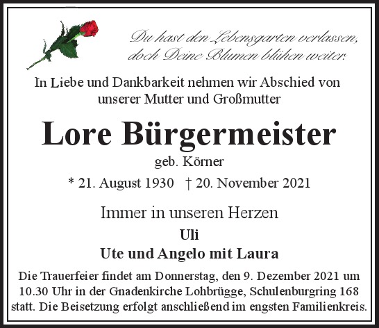 Traueranzeige von Lore Bürgermeister  von Hamburger Tageszeitungen und Anzeigenblättern der FUNKE Mediengruppe