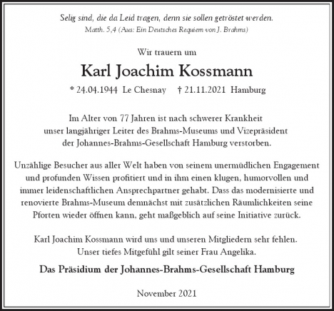 Traueranzeige von Karl Joachim Kossmann  von Hamburger Tageszeitungen und Anzeigenblättern der FUNKE Mediengruppe