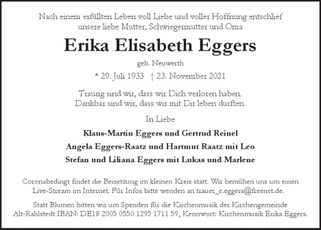 Traueranzeige von Erika Elisabeth Eggers  von Hamburger Tageszeitungen und Anzeigenblättern der FUNKE Mediengruppe