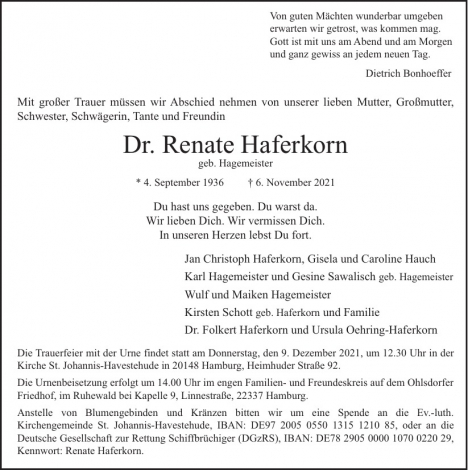 Traueranzeige von Renate Haferkorn  von Hamburger Tageszeitungen und Anzeigenblättern der FUNKE Mediengruppe