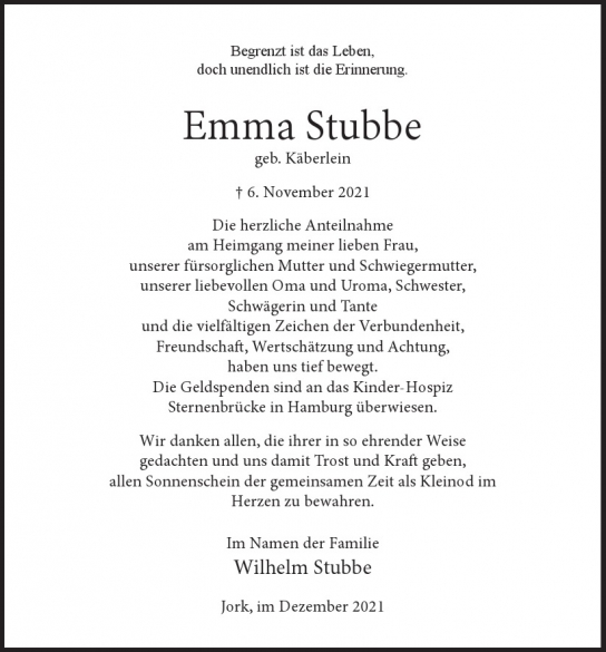 Traueranzeige von Emma Stubbe  von Hamburger Tageszeitungen und Anzeigenblättern der FUNKE Mediengruppe