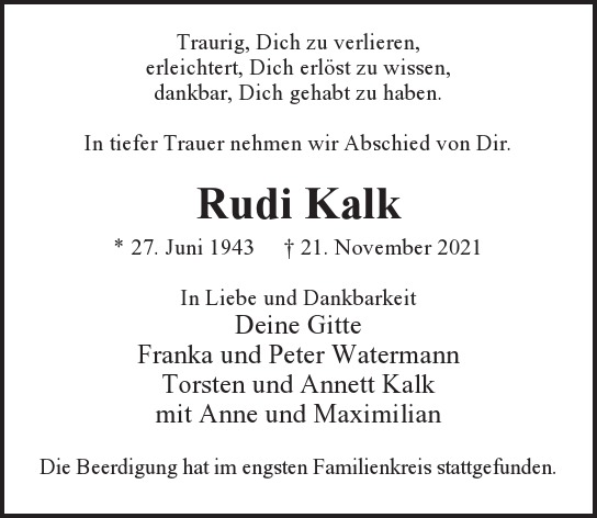 Traueranzeige von Rudi Kalk  von Hamburger Tageszeitungen und Anzeigenblättern der FUNKE Mediengruppe