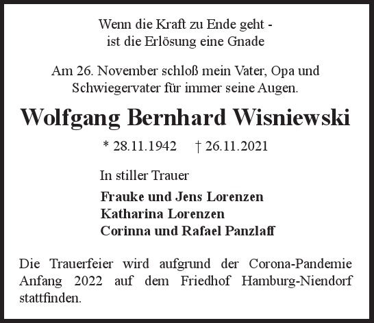 Traueranzeige von Wolfgang Bernhard Wisniewski  von Hamburger Tageszeitungen und Anzeigenblättern der FUNKE Mediengruppe