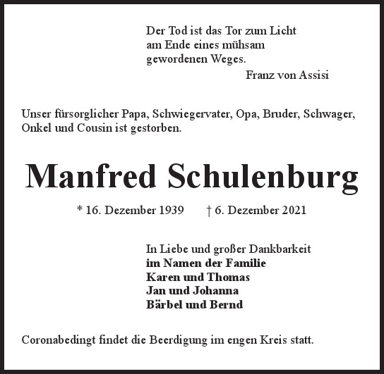 Traueranzeige von Manfred  Schulenburg  von Hamburger Tageszeitungen und Anzeigenblättern der FUNKE Mediengruppe