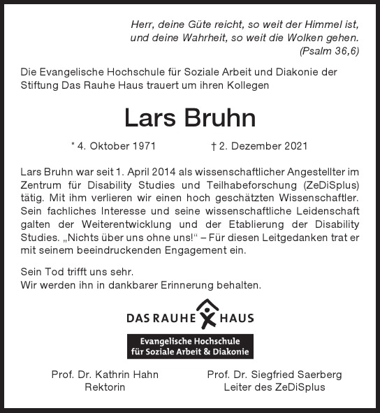  Traueranzeige für Lars  Bruhn  vom 11.12.2021 aus Hamburger Tageszeitungen und Anzeigenblättern der FUNKE Mediengruppe