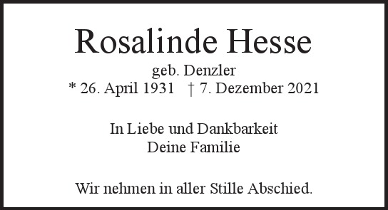 Traueranzeige von Rosalinde  Hesse  von Hamburger Tageszeitungen und Anzeigenblättern der FUNKE Mediengruppe