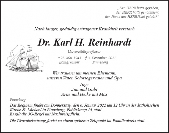 Traueranzeige von Karl H.  Reinhardt  von Hamburger Tageszeitungen und Anzeigenblättern der FUNKE Mediengruppe