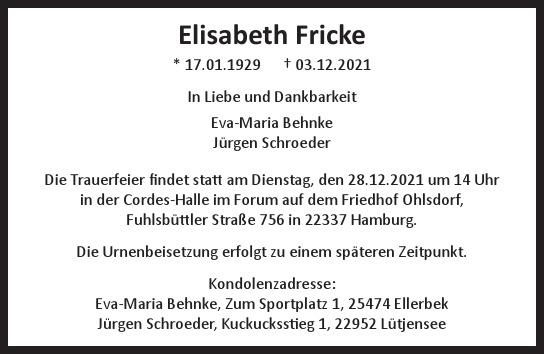 Traueranzeige von Elisabeth  Fricke  von Hamburger Tageszeitungen und Anzeigenblättern der FUNKE Mediengruppe