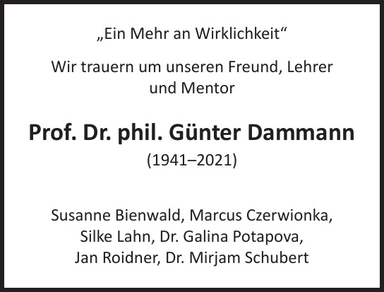 Traueranzeige von Günter  Dammann  von Hamburger Tageszeitungen und Anzeigenblättern der FUNKE Mediengruppe