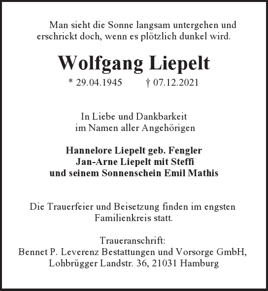 Traueranzeige von Wolfgang Liepelt  von Hamburger Tageszeitungen und Anzeigenblättern der FUNKE Mediengruppe