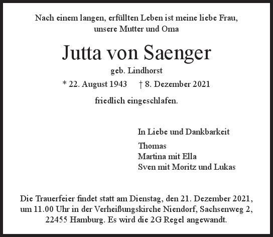 Traueranzeige von Jutta  von Saenger 	 von Hamburger Tageszeitungen und Anzeigenblättern der FUNKE Mediengruppe