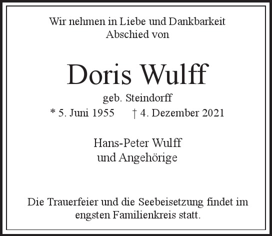 Traueranzeige von Doris Wulff  von Hamburger Tageszeitungen und Anzeigenblättern der FUNKE Mediengruppe