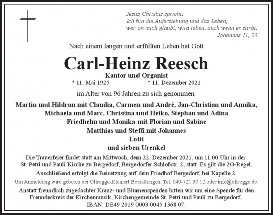 Traueranzeige von Carl-Heinz Reesch  von Hamburger Tageszeitungen und Anzeigenblättern der FUNKE Mediengruppe