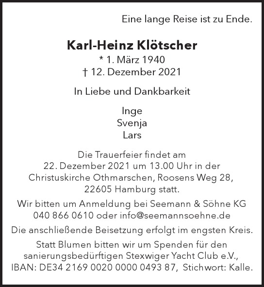 Traueranzeige von Karl-Heinz  Klötscher  von Hamburger Tageszeitungen und Anzeigenblättern der FUNKE Mediengruppe