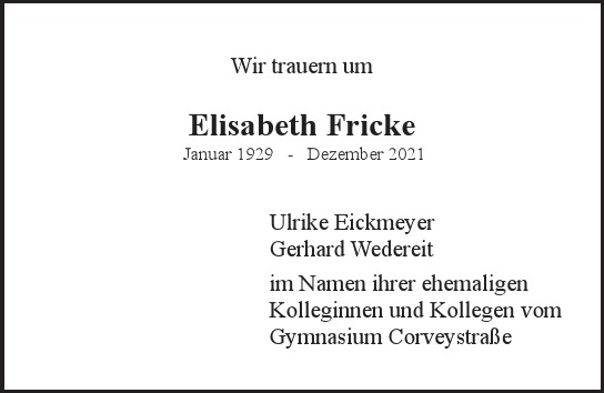 Traueranzeige von Elisabeth  Fricke  von Hamburger Tageszeitungen und Anzeigenblättern der FUNKE Mediengruppe