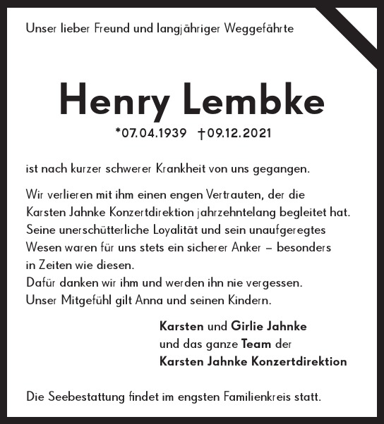 Traueranzeige von Henry  Lembke  von Hamburger Tageszeitungen und Anzeigenblättern der FUNKE Mediengruppe