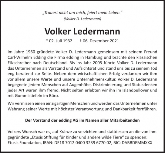 Traueranzeige von Volker  Ledermann  von Hamburger Tageszeitungen und Anzeigenblättern der FUNKE Mediengruppe