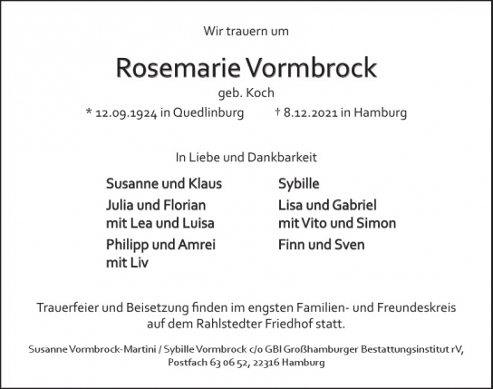 Traueranzeige von Rosemarie  Vormbrock  von Hamburger Tageszeitungen und Anzeigenblättern der FUNKE Mediengruppe