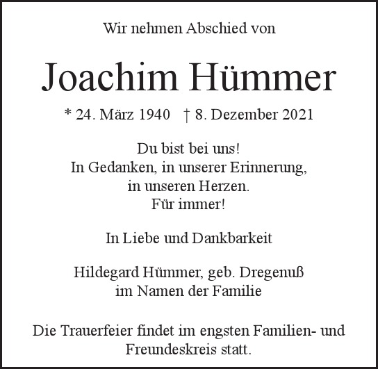 Traueranzeige von Joachim Hümmer  von Hamburger Tageszeitungen und Anzeigenblättern der FUNKE Mediengruppe