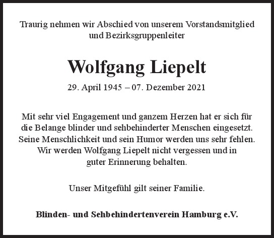 Traueranzeige von Wolfgang  Liepelt  von Hamburger Tageszeitungen und Anzeigenblättern der FUNKE Mediengruppe