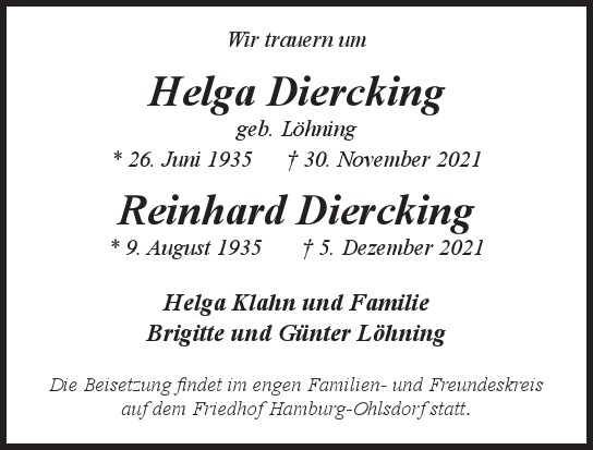 Traueranzeige von Helga und Reinhard  Diercking  von Hamburger Tageszeitungen und Anzeigenblättern der FUNKE Mediengruppe