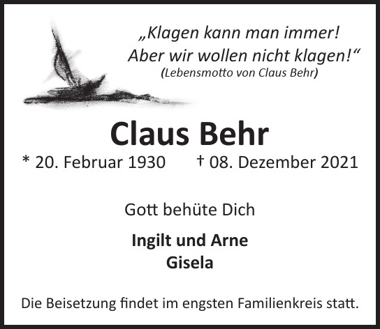 Traueranzeige von Claus  Behr  von Hamburger Tageszeitungen und Anzeigenblättern der FUNKE Mediengruppe