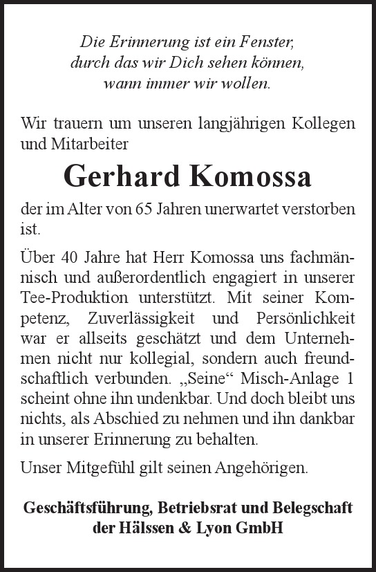 Traueranzeige von Gerhard  Komossa  von Hamburger Tageszeitungen und Anzeigenblättern der FUNKE Mediengruppe