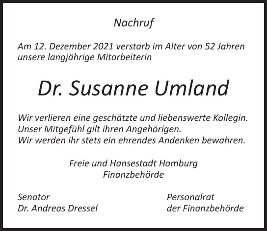 Traueranzeige von Susanne  Umland  von Hamburger Tageszeitungen und Anzeigenblättern der FUNKE Mediengruppe