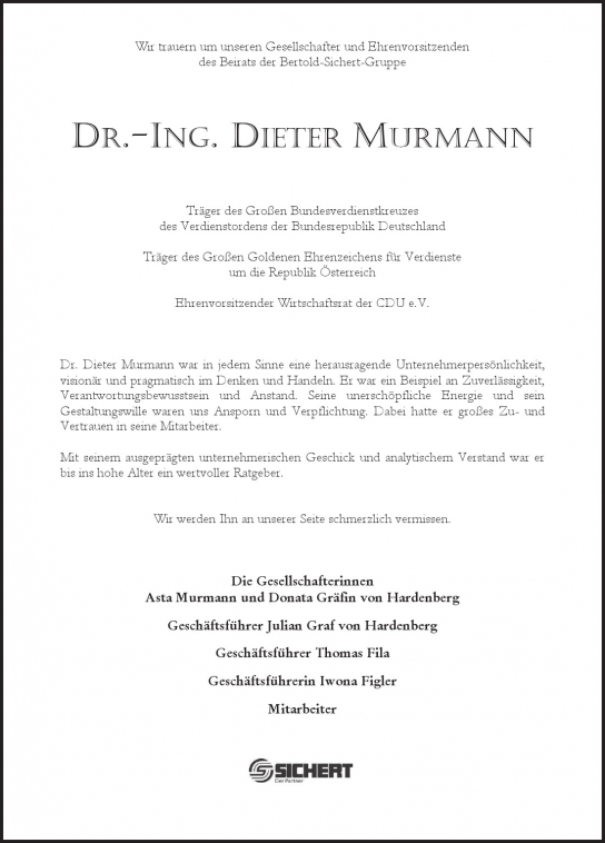 Traueranzeige von DIETER MURMANN von Hamburger Tageszeitungen und Anzeigenblättern der FUNKE Mediengruppe