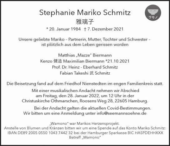 Traueranzeige von Stephanie Mariko Schmitz  von Hamburger Tageszeitungen und Anzeigenblättern der FUNKE Mediengruppe