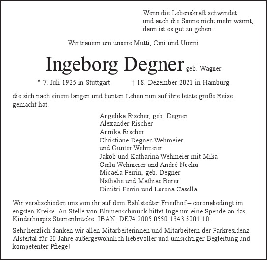 Traueranzeige von Ingeborg  Degner von Hamburger Tageszeitungen und Anzeigenblättern der FUNKE Mediengruppe