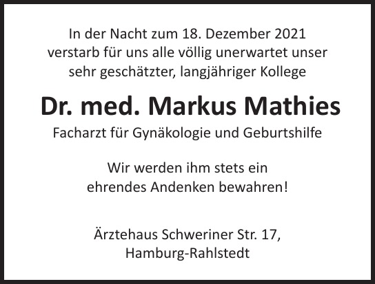 Traueranzeige von Markus  Mathies  von Hamburger Tageszeitungen und Anzeigenblättern der FUNKE Mediengruppe