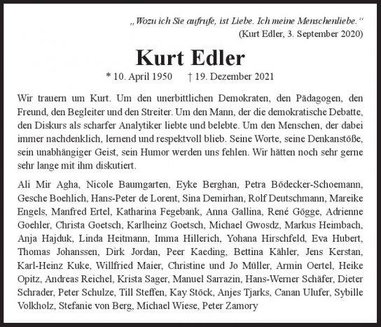 Traueranzeige von Kurt Edler  von Hamburger Tageszeitungen und Anzeigenblättern der FUNKE Mediengruppe
