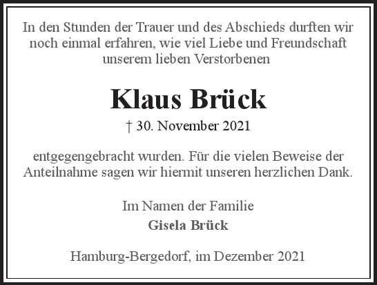 Traueranzeige von Klaus Brück  von Hamburger Tageszeitungen und Anzeigenblättern der FUNKE Mediengruppe