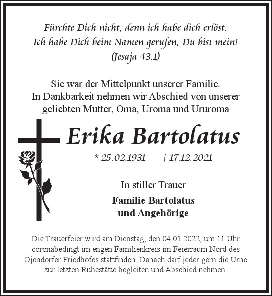 Traueranzeige von Erika Bartolatus von Hamburger Tageszeitungen und Anzeigenblättern der FUNKE Mediengruppe