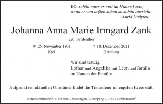 Traueranzeige von Johanna Anna Marie Irmgard Zank  von Hamburger Tageszeitungen und Anzeigenblättern der FUNKE Mediengruppe