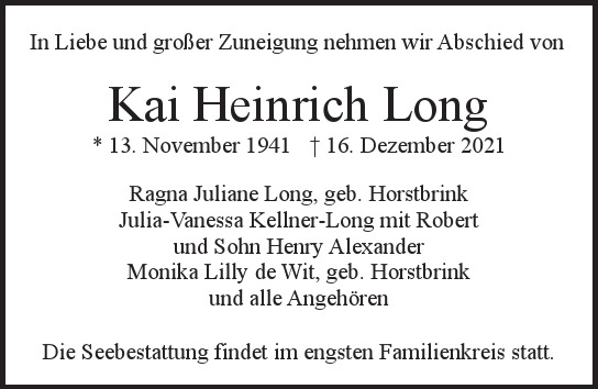 Traueranzeige von Kai Heinrich Long  von Hamburger Tageszeitungen und Anzeigenblättern der FUNKE Mediengruppe