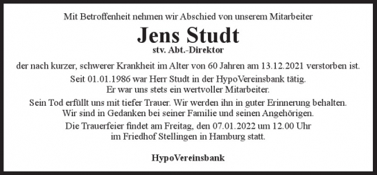 Traueranzeige von Jens Studt von Hamburger Tageszeitungen und Anzeigenblättern der FUNKE Mediengruppe