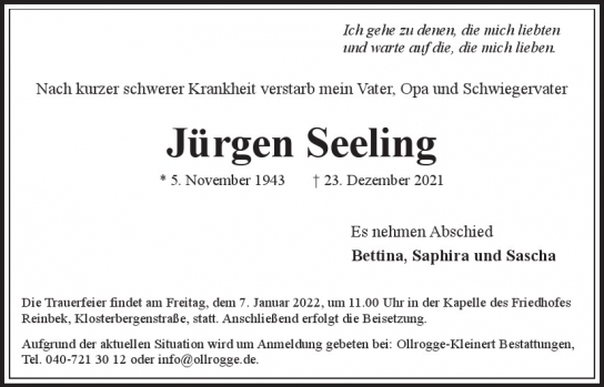 Traueranzeige von Jürgen Seeling von Hamburger Tageszeitungen und Anzeigenblättern der FUNKE Mediengruppe