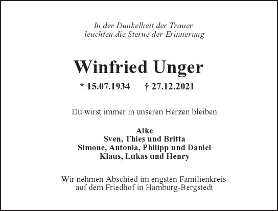 Traueranzeige von Winfried  Unger  von Hamburger Tageszeitungen und Anzeigenblättern der FUNKE Mediengruppe