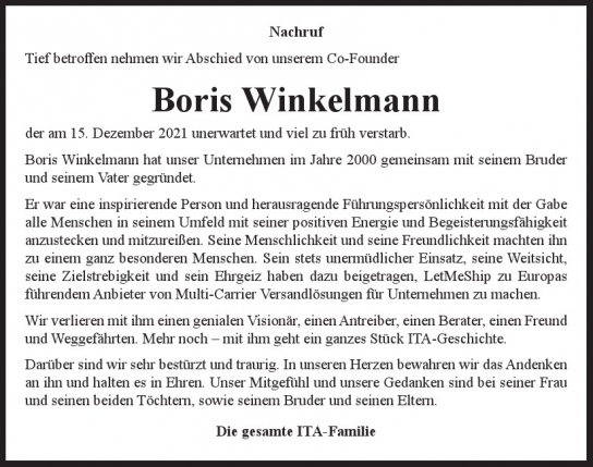 Traueranzeige von Boris Winkelmann  von Hamburger Tageszeitungen und Anzeigenblättern der FUNKE Mediengruppe
