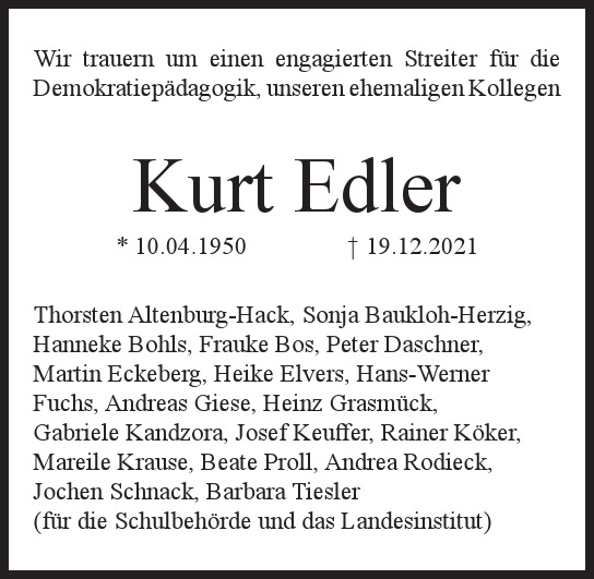 Traueranzeige von Kurt  Edler  von Hamburger Tageszeitungen und Anzeigenblättern der FUNKE Mediengruppe