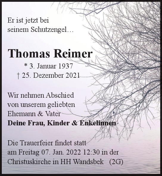 Traueranzeige von Thomas  Reimer von Hamburger Tageszeitungen und Anzeigenblättern der FUNKE Mediengruppe