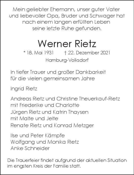 Traueranzeige von Werner  Rietz  von Hamburger Tageszeitungen und Anzeigenblättern der FUNKE Mediengruppe
