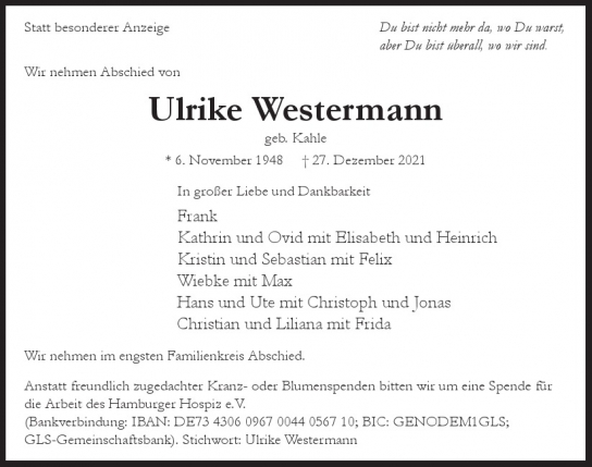 Traueranzeige von Ulrike Westermann  von Hamburger Tageszeitungen und Anzeigenblättern der FUNKE Mediengruppe