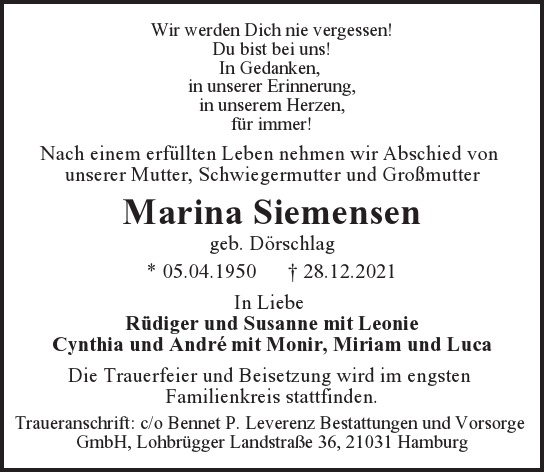 Traueranzeige von Marina  Siemensen  von Hamburger Tageszeitungen und Anzeigenblättern der FUNKE Mediengruppe