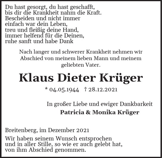 Traueranzeige von Klaus Dieter Krüger von Hamburger Tageszeitungen und Anzeigenblättern der FUNKE Mediengruppe