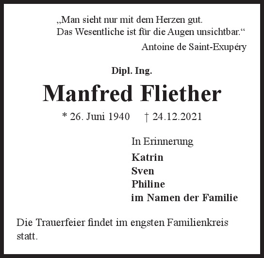  Traueranzeige für Manfred Fliether vom 05.01.2022 aus Hamburger Tageszeitungen und Anzeigenblättern der FUNKE Mediengruppe